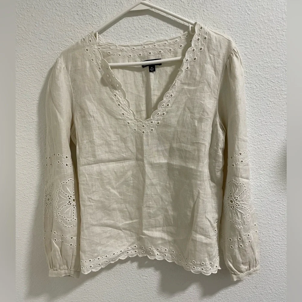 J. Crew Elegant linen Cream Lace Trim Blouse